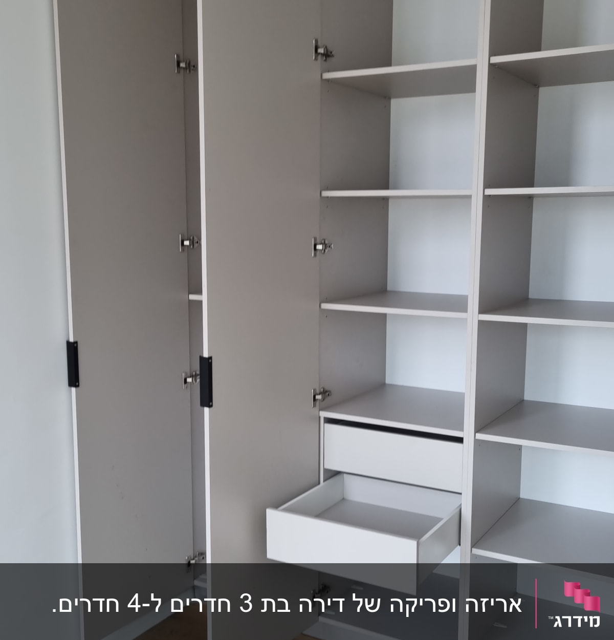 ארון פתוח עם מדפים ומגירה בחדר